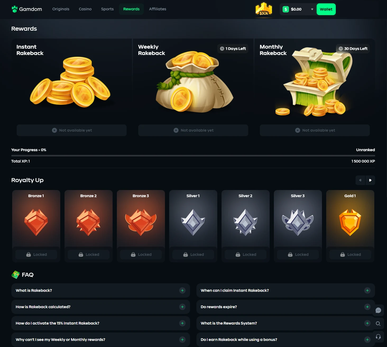 Gamdom rewards page with three rakeback cards reading not available yet above a 0% progress bar
