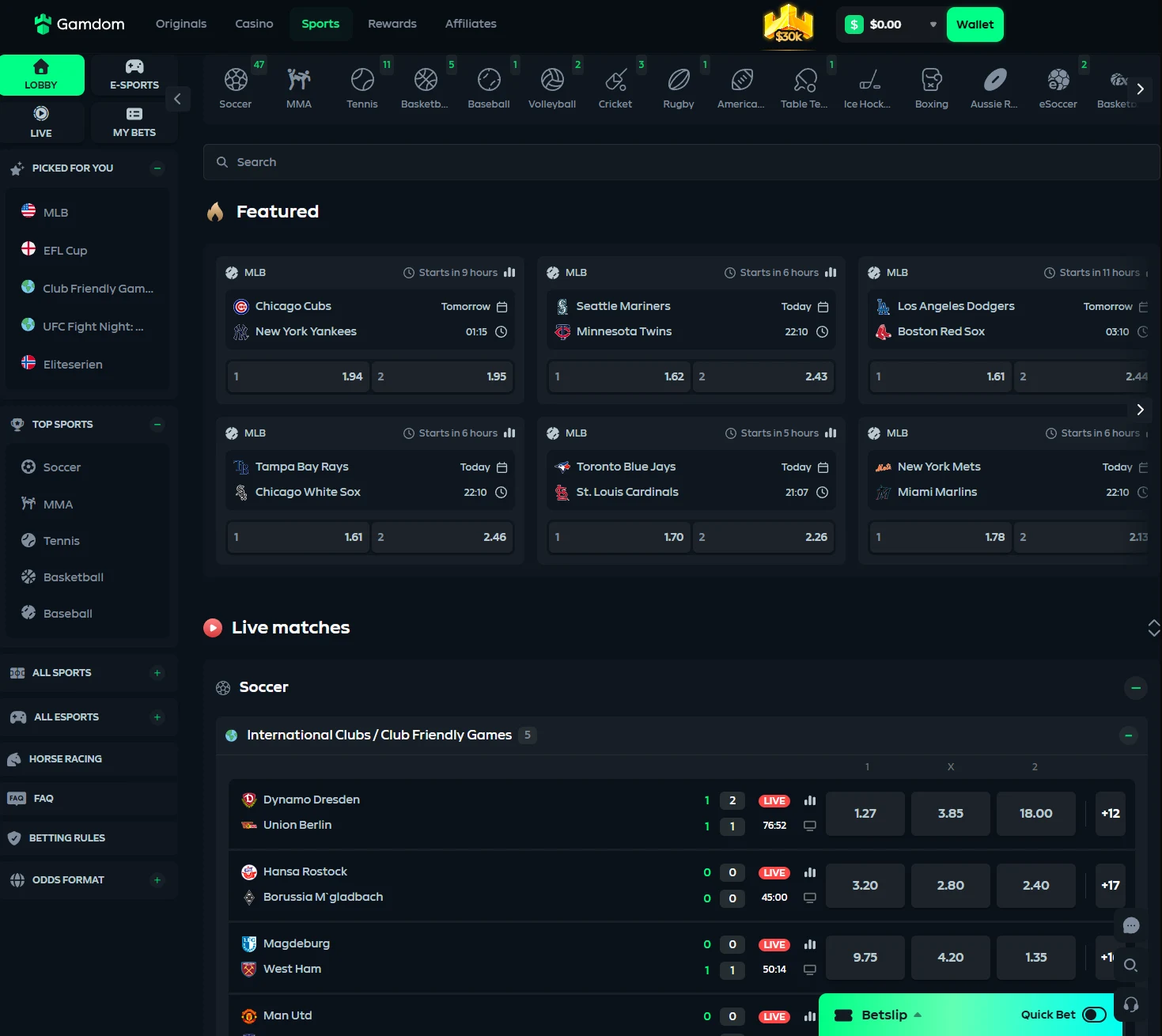 Gamdom sportsbook lobby with a sport rail carrying live event counts, featured MLB fixtures with odds, a live soccer block with 1/X/2 columns, and a sidebar listing all sports, esports and horse racing