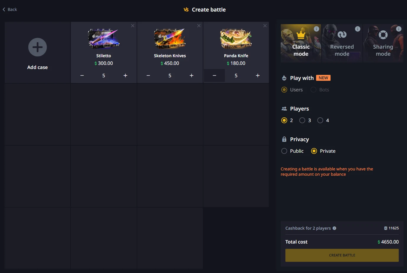 Hellcase create-battle screen with three knife cases at five copies each, mode and player-count settings, a war tag cashback figure and a total cost of $4,650.00
