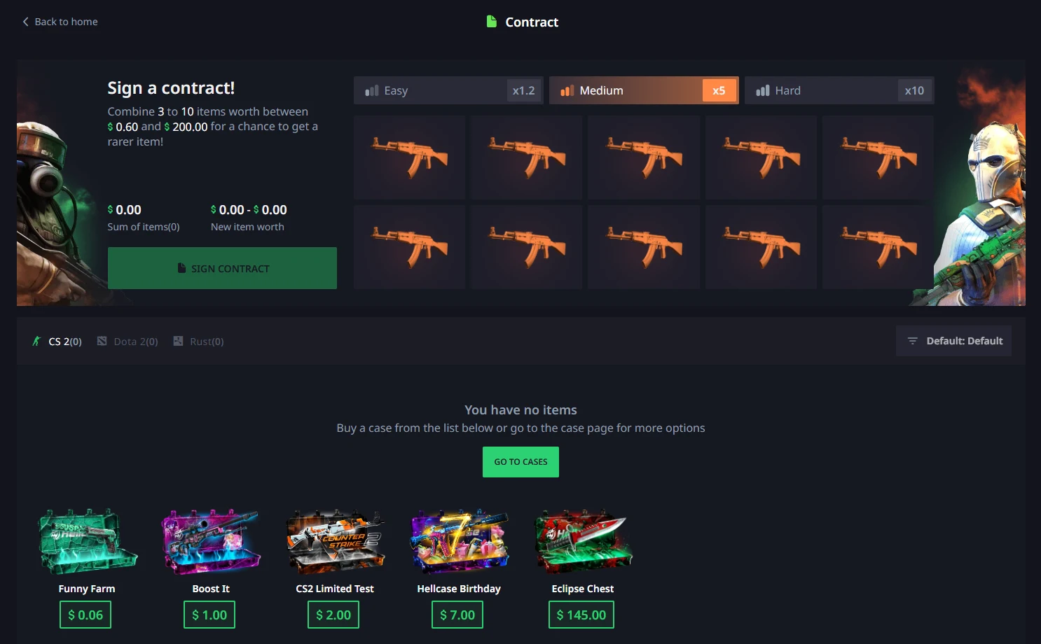 Hellcase contract page stating that three to ten items worth between sixty cents and two hundred dollars can be combined, with Easy, Medium and Hard multipliers above ten empty slots