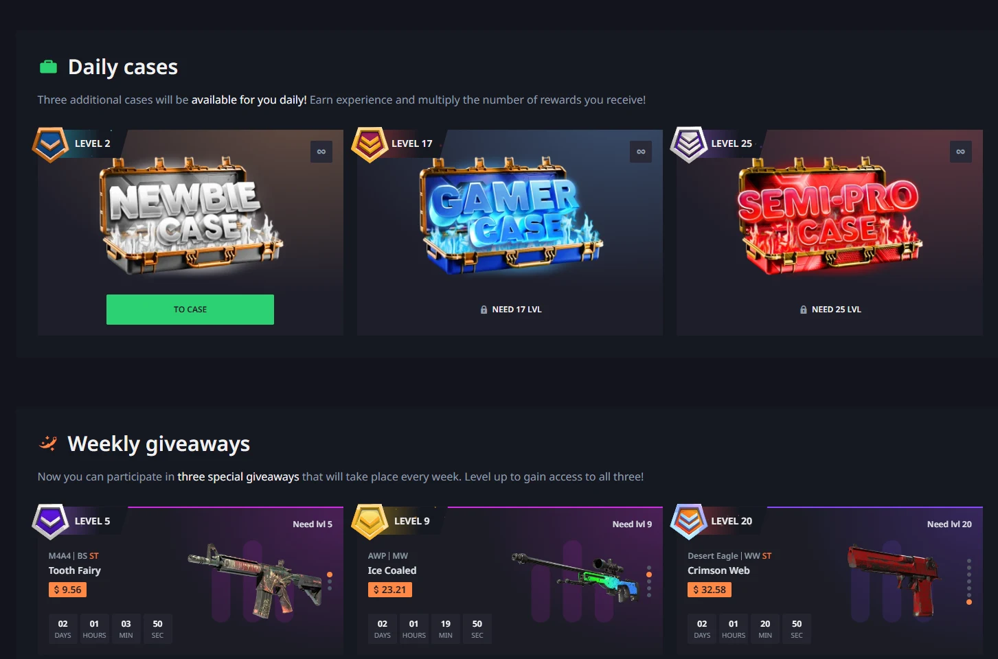 Three Hellcase daily case tiles, one unlocked and two requiring level 17 and level 25