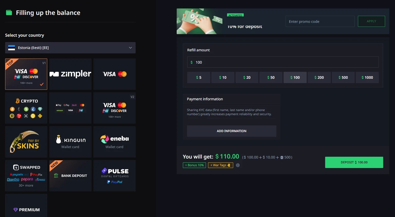 Hellcase deposit page resolving a $100 top-up into $110.00 plus 500 war tags