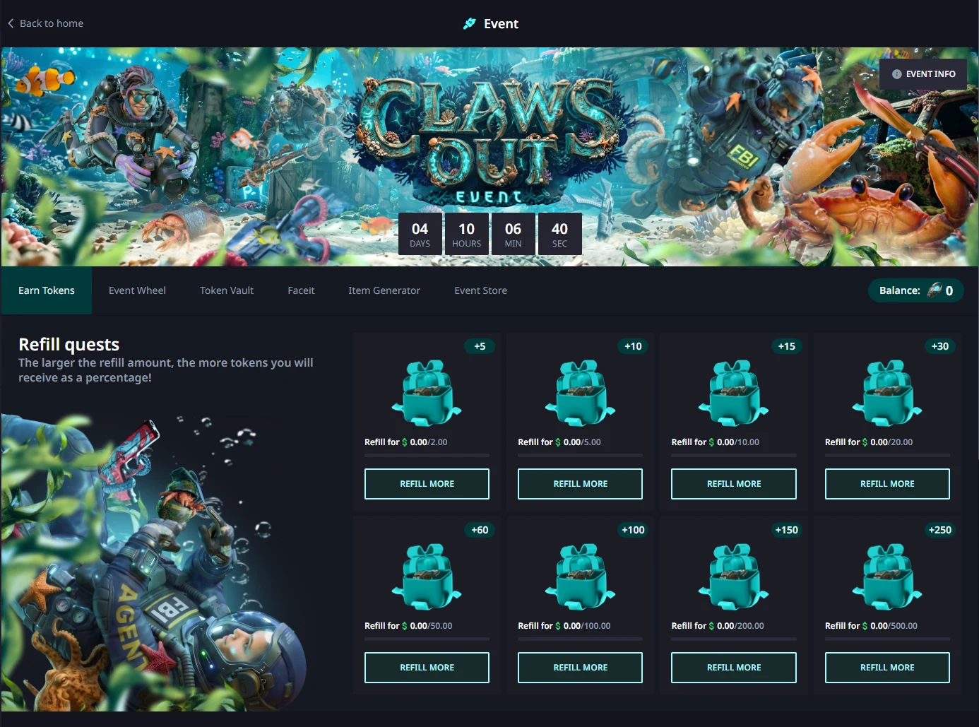 Claws Out event page on Hellcase showing six sub-tabs and eight refill quests paying five to two hundred and fifty tokens against dollar thresholds