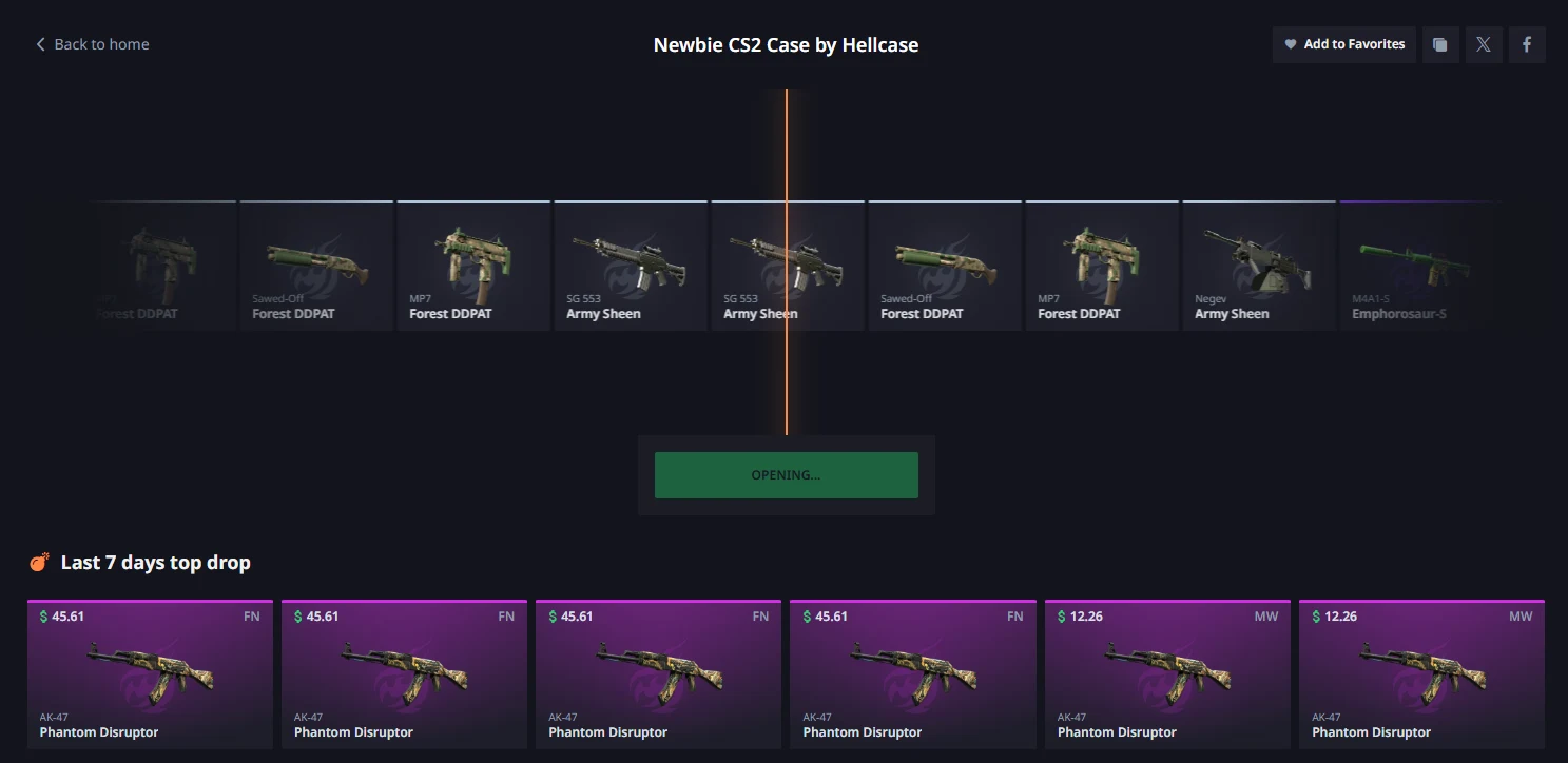 Newbie CS2 Case opening screen on Hellcase with the item strip mid-spin and a last-seven-days top drop row underneath