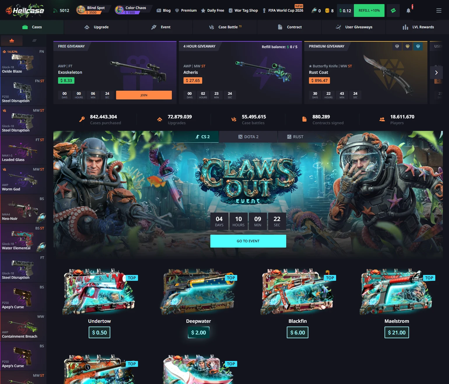Hellcase homepage showing three giveaway cards on countdowns, a row of lifetime site totals, a Claws Out event banner and a row of priced case tiles