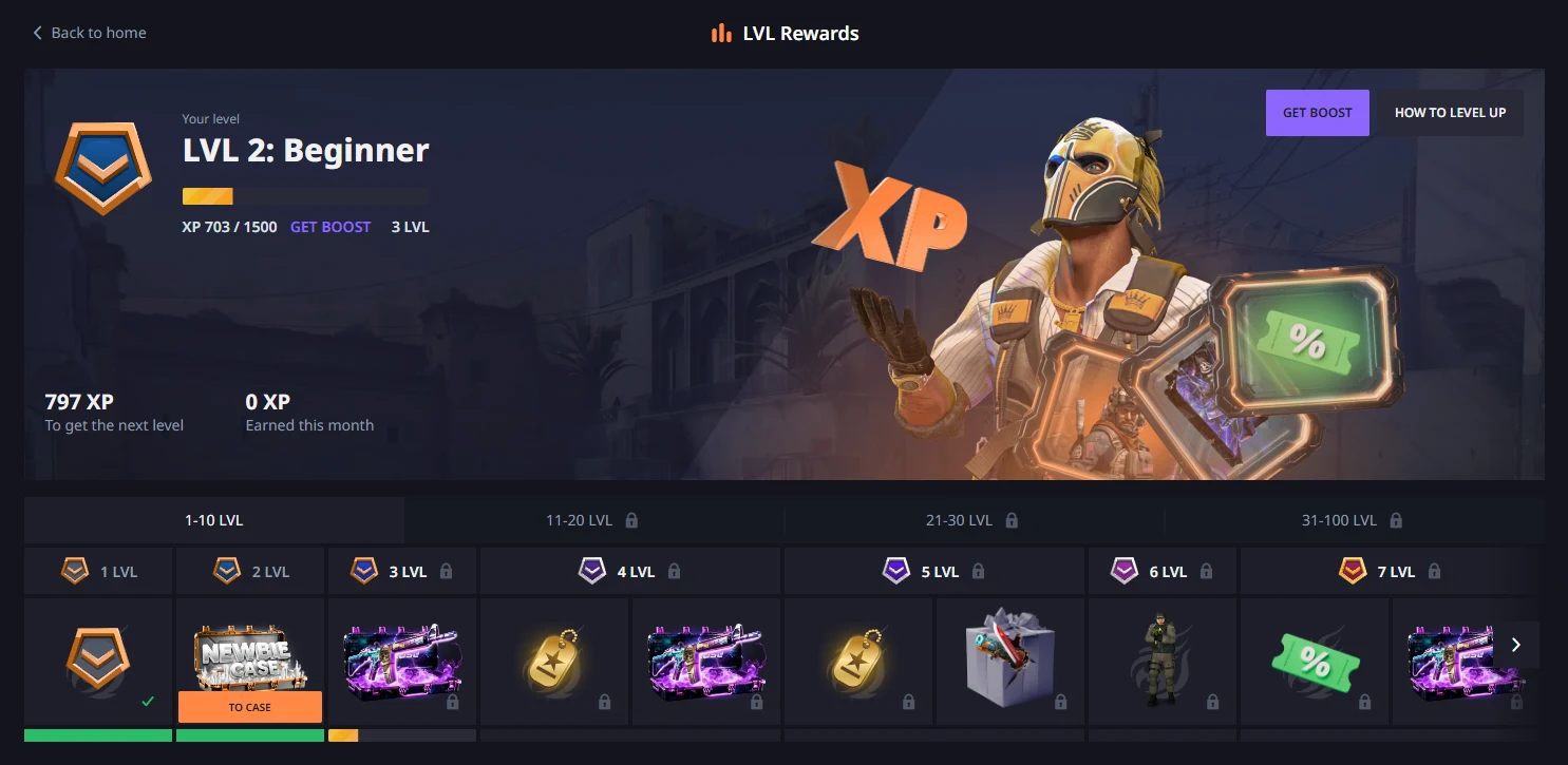 Hellcase LVL Rewards page showing an account at level 2 with 703 of 1500 XP and a reward track for levels 1 to 10 with most tiles padlocked