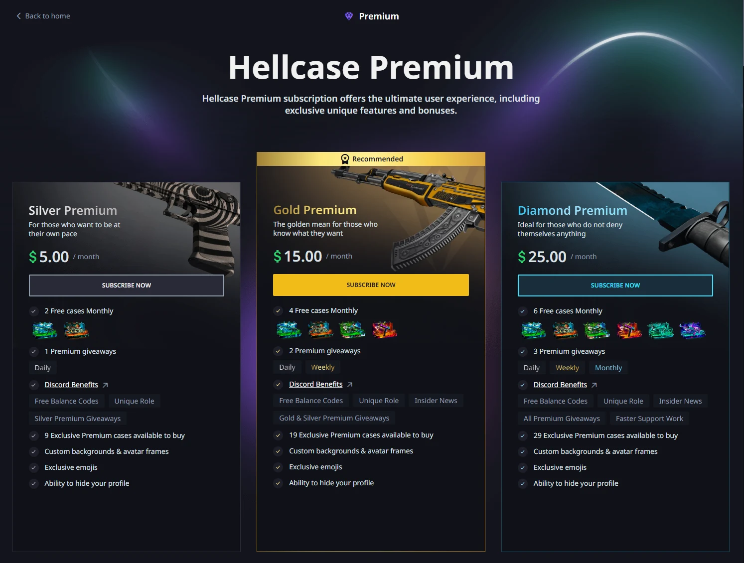 Hellcase Premium page comparing Silver at five dollars, Gold at fifteen and Diamond at twenty-five dollars a month with their monthly free cases and giveaway counts