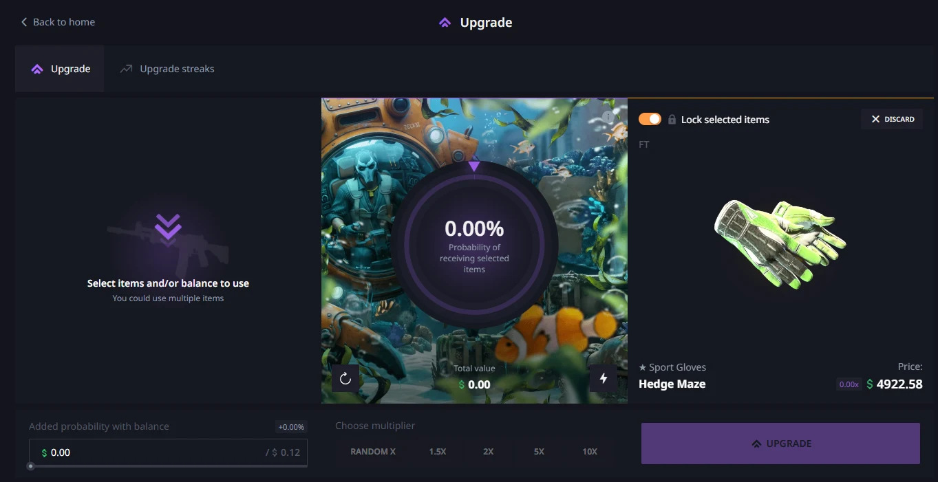 Hellcase upgrader with a zero percent probability ring, a Sport Gloves Hedge Maze target priced at $4,922.58, a balance slider and multiplier buttons from 1.5X to 10X