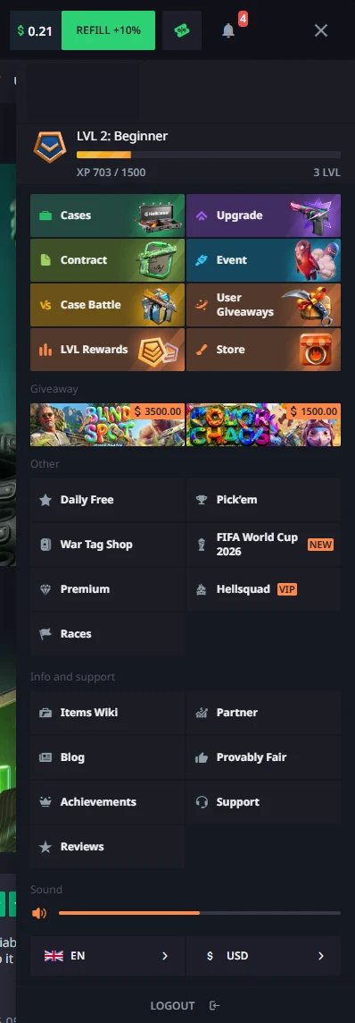 Hellcase side menu listing the account level and XP bar above tiles for Cases, Upgrade, Contract, Event, Case Battle, User Giveaways, LVL Rewards and Store