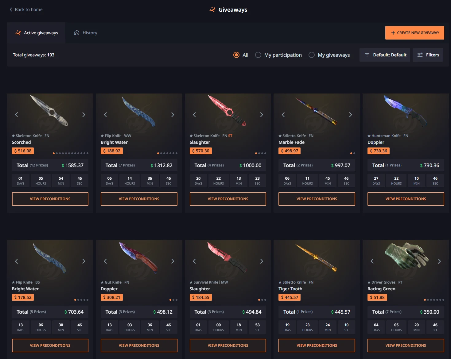 Hellcase user giveaways board showing ten knife and glove giveaways with prize pools, countdowns and view-preconditions buttons