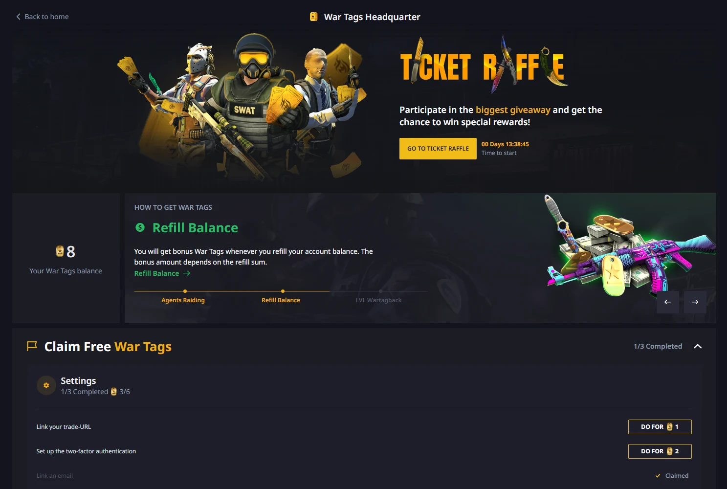 Hellcase War Tags Headquarter showing a war tag balance of eight, a refill-based earning explainer and three account-settings tasks paying one and two war tags