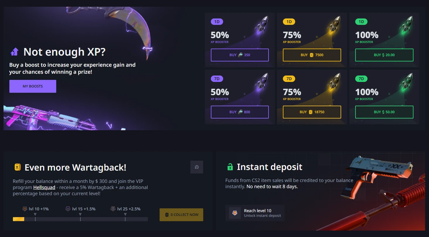Hellcase XP booster shop offering 50%, 75% and 100% boosts for tokens, war tags or cash