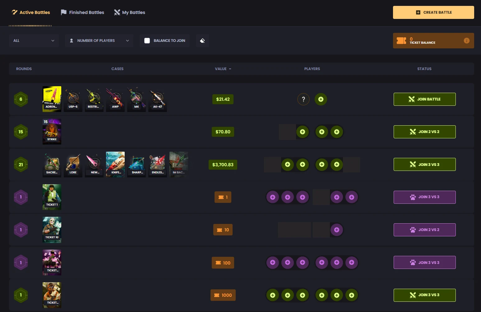 Key-Drop case battle lobby listing active battles with round counts, case thumbnails, dollar and ticket buy-ins and join buttons