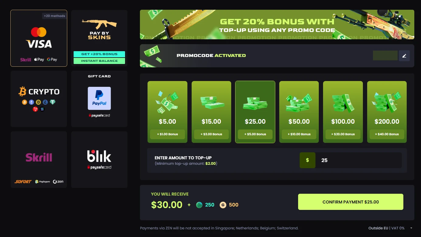 Key-Drop top-up panel resolving a $25 entry into balance, event points and golden coins