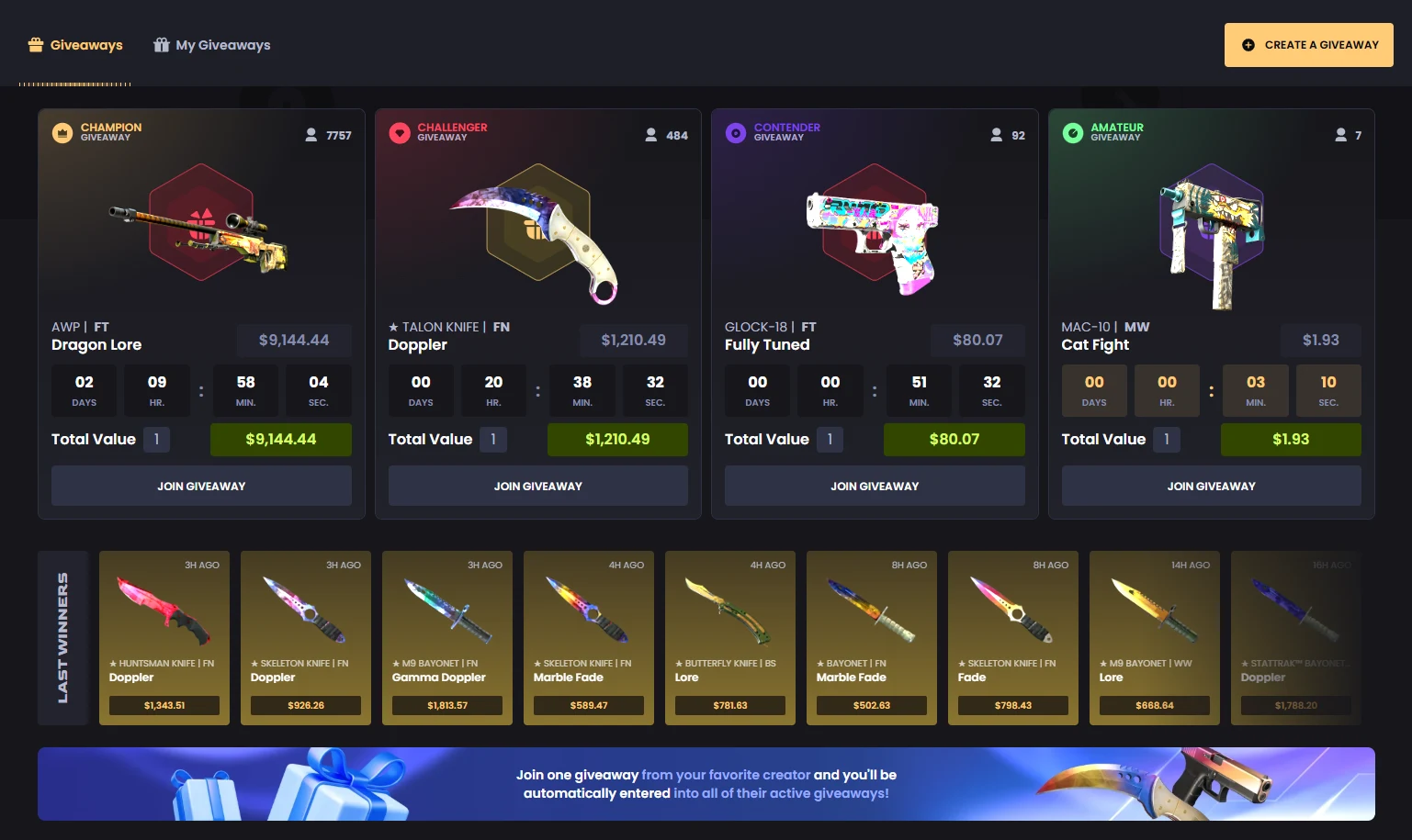 Four Key-Drop giveaway tiers with item values, entrant counts and countdowns