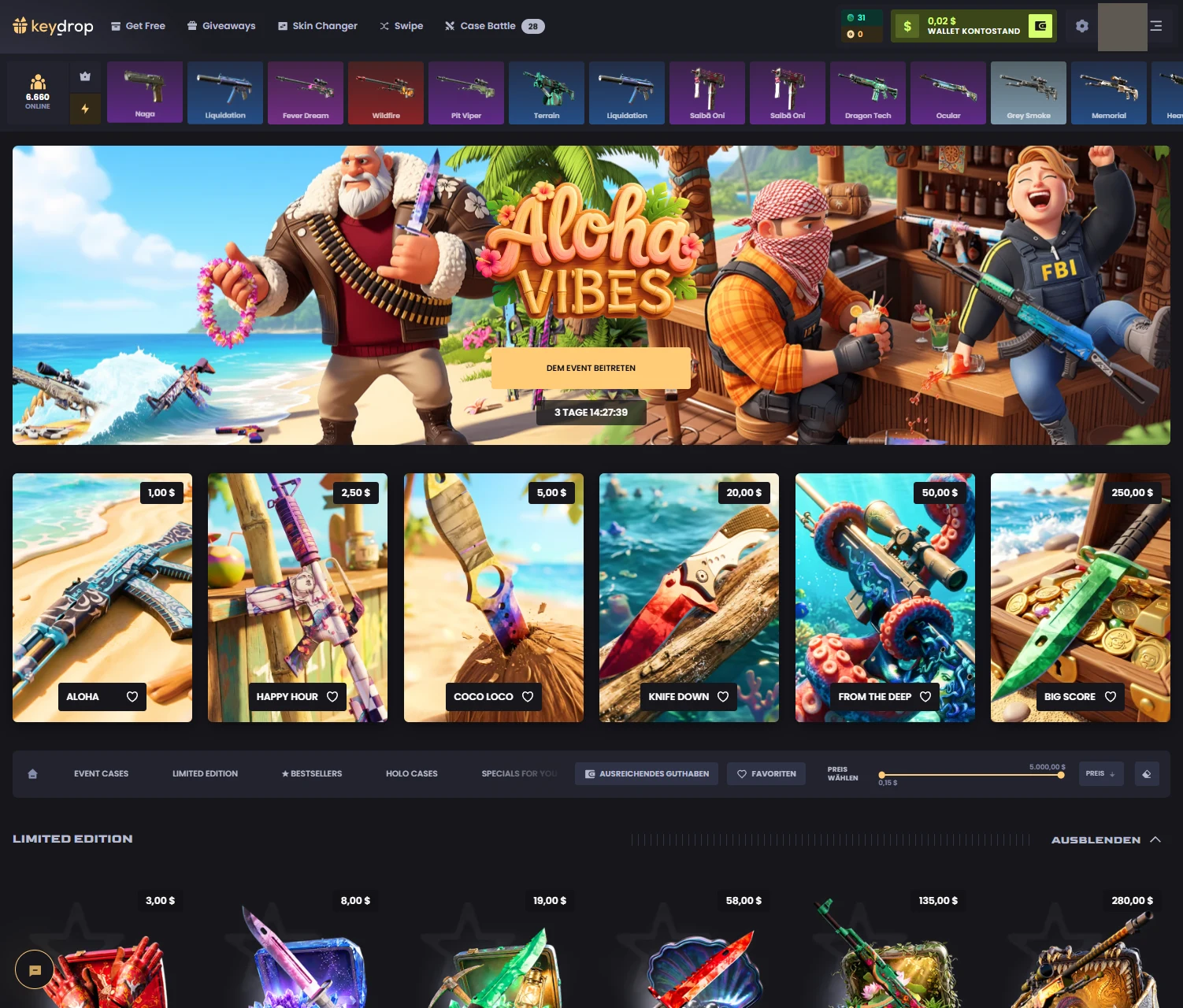Key-Drop homepage with an Aloha Vibes event banner, a row of priced case tiles and a live drop ticker across the top