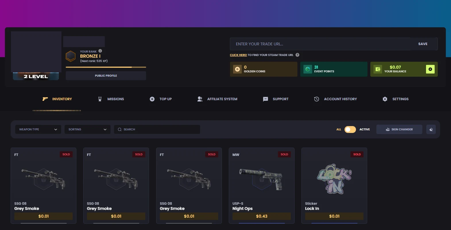 Key-Drop profile showing Bronze I rank, level 2, a Steam trade URL field, golden coin, event point and balance counters, and an inventory of items marked SOLD