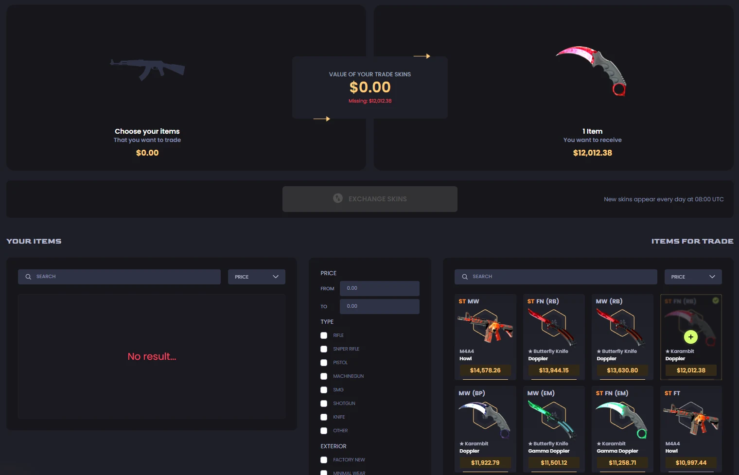 Key-Drop skin changer with an empty trade panel on the left, a $12,012.38 Karambit Doppler selected on the right and a missing-value line between them