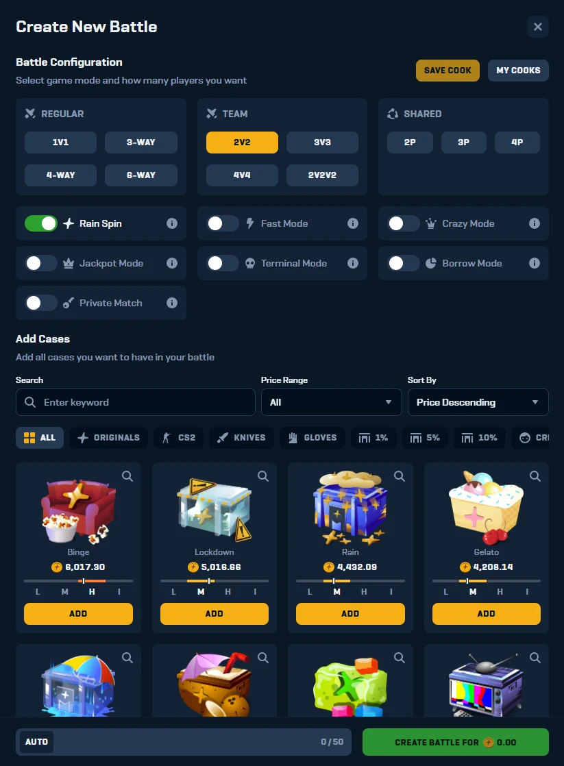 Rain.gg Create New Battle panel with Regular, Team and Shared format grids, seven mode toggles including Rain Spin and Crazy Mode, and a case picker with a 0/50 counter