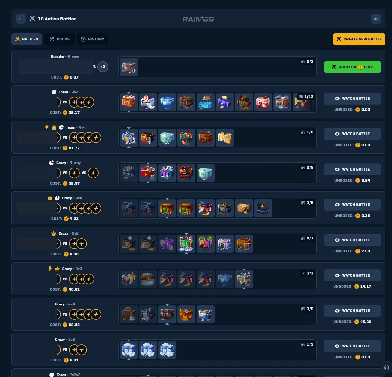 Rain.gg battle lobby rows showing format tags, seat progress, join cost and unboxed totals