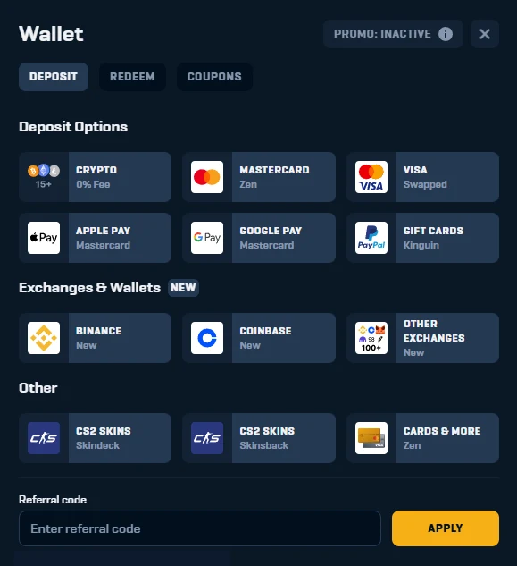 Rain.gg wallet on the Deposit tab showing crypto, Mastercard, Visa, Apple Pay, Google Pay and gift card tiles, an Exchanges and Wallets block with Binance and Coinbase, two CS2 skins tiles, and a referral code field