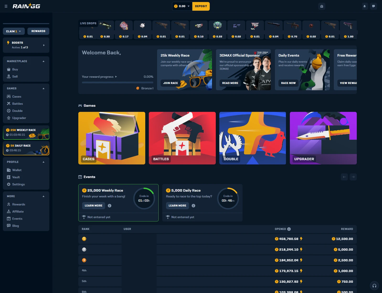 Rain.gg logged-in home page with a left sidebar listing Cases, Battles, Double and Upgrader, a Live Drops ticker, race banners, four game tiles and an events leaderboard