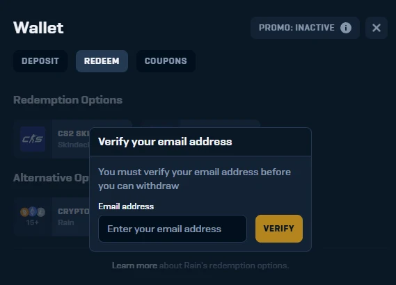 Rain.gg redeem tab behind a dialog requiring email verification before withdrawal