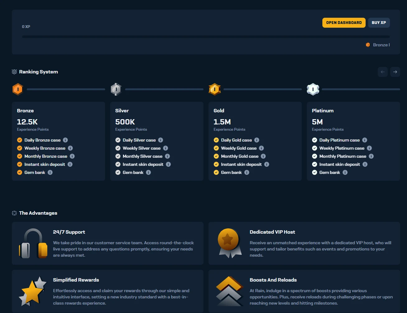 Rain.gg rank ladder from Bronze at 12,500 XP to Platinum at 5,000,000, beside a buy XP button