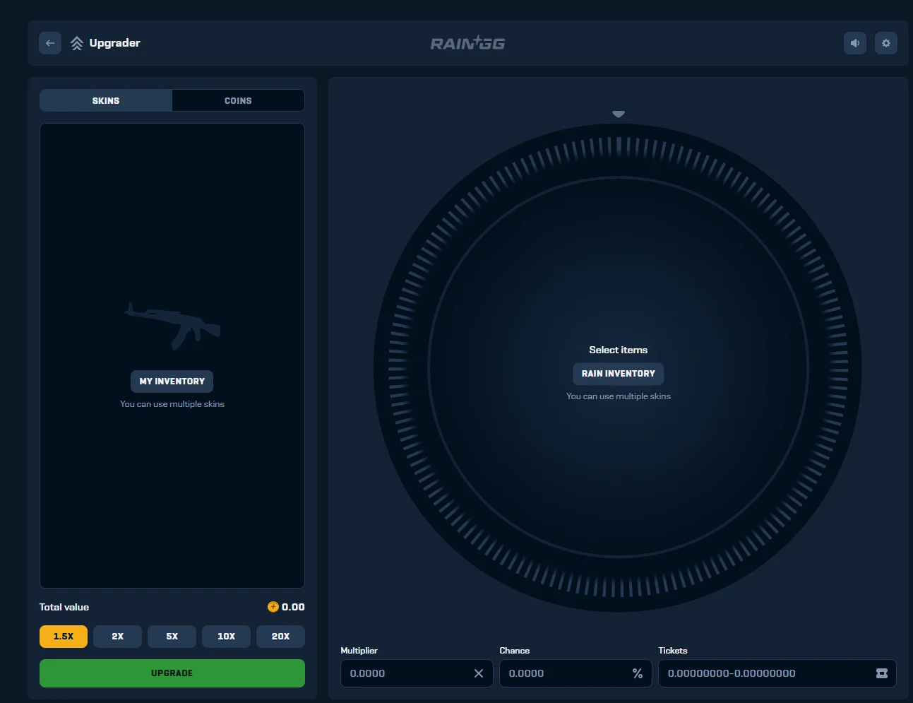 Rain.gg upgrader with a Skins and Coins toggle, an inventory picker, multipliers from 1.5X to 20X, and Multiplier, Chance and Tickets read-outs under the wheel